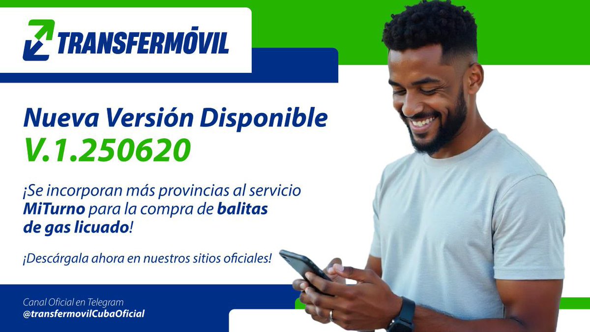 📢¡Disponible nueva versión de #Transfermóvil [V.1.250620]
Ampliación del servicio MiTurno para cambio de balita de gas, en #PinardelRio, #VillaClara, #SanctiSpiritus, #CiegodeAvila, #Camagüey y #LasTunas podrán reservar sus turnos en los puntos de venta.