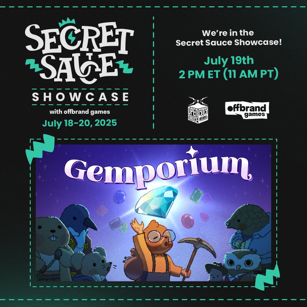 MergeConflict's tweet image. We're excited to announce that Gemporium is going to be featured in the Secret Sauce showcase by @offbrand_games and @OpenSauceLive !!
Make sure to catch the showcase on July 19th and if you're going to be at Open Sauce in person, come find our booth and say hi 💎✨