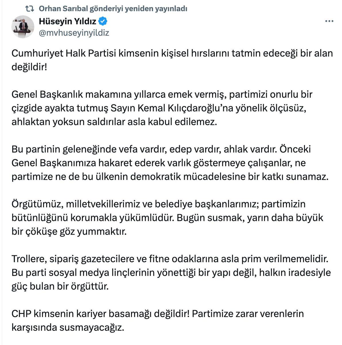 CHP Aydın Milletvekili Hüseyin Yıldız ilr CHP Bursa Milletvekili Orhan Sarıbal’dan Kemal Kılıçdaroğlu’na destek, CHP Genel Merkezine tepki geldi..