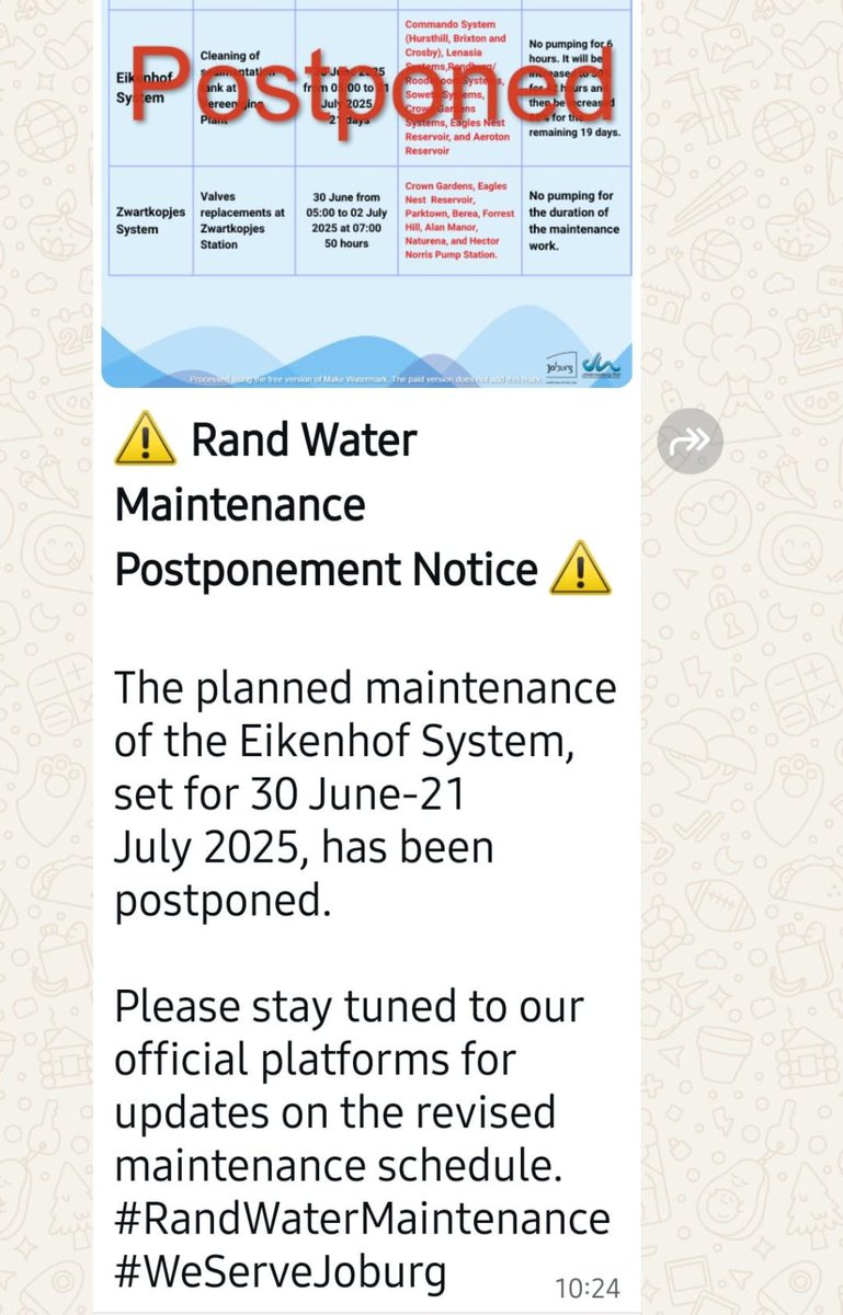 RustiJusti's tweet photo. @JHBWater Is this real or is it fake news? Is the maintenance still going ahead? https://t.co/hXgETzQrqZ