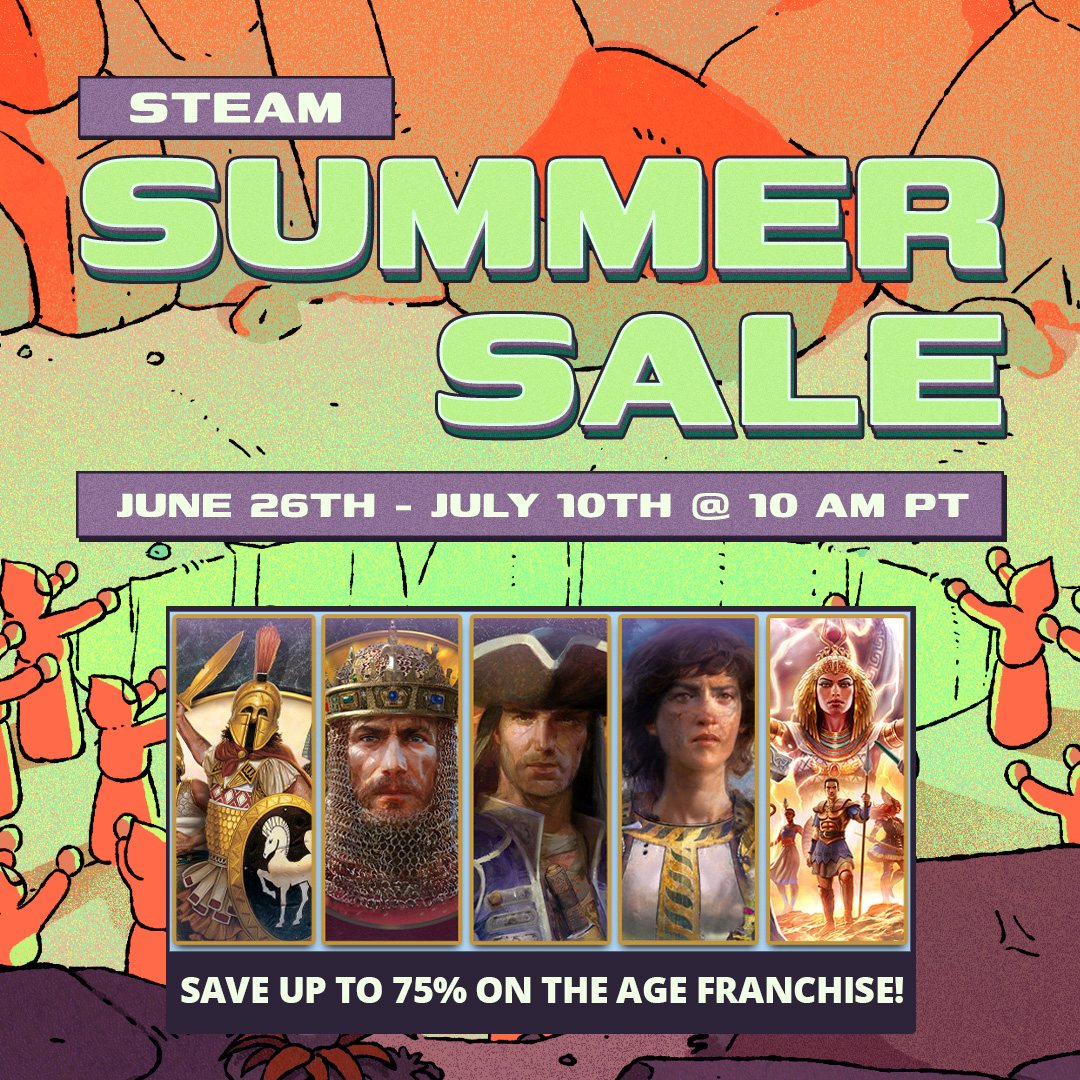 🔥 The Steam Summer Sale is here! 
 
From June 26th to July 10th, grab your favorite Age titles at up to 75% off! Don’t miss your chance to save big. aoe.ms/SteamSummerSale