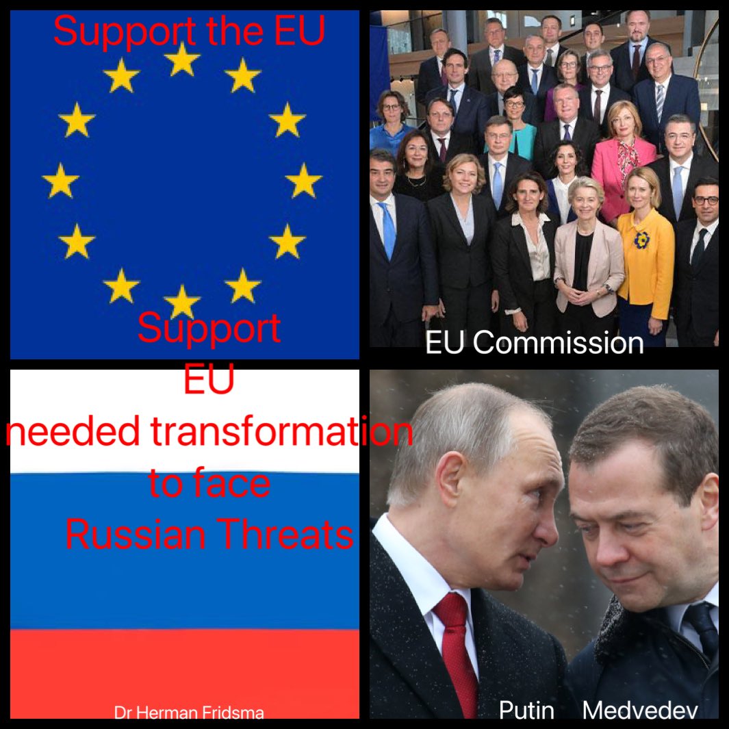 DrFridsma's tweet photo. #EU needed transformation, the EU #Russia_threat:

#Medvedev (#Russia's #Security_Council) and #Putin see the #EU as a threat for Russia because of upgrading/shifting from a #economic_political_block towards a military_block. Russia fears true EU transformation.
#NATO_Summit The Hague 2025 set budgets free for military development feared by Russia.

#Russia is a active aggressor actively attacking the #EU by means of Russian supported #cyber_warfare/#hacking/#blackmail groups who are active with EU directed #cyberattacks\hackings and spreading of fake news. Russia supports EU directed #political_interventions/#fake_news/#propaganda to manipulate #elections and decisions. Russia conducts strategic #political_murder/#sabotage, #spying_activities and so on and we may not forget EU infiltrated Russian #sleeper_cells.

#Russia is a real threat for #EU_security in special and #Europe in general. Russian #war_industry and #war_economy will continue till #Putin's hidden agenda political and military goals are reached. Putin already threats EU borders and tests how far he can go in military and politically sense.

My advise: To deal with EU threats from Russia and beyond, the EU needs to transform national memberstate related armies not only for NATO but also for EU tasks and we need to give special priority to EU defence, IT and security industries to support and accommodate it. It's good the EU already set some things in motion.

Do you still think #Russia and #Putin can be trusted and that their solutions to deal with threats are sound & peaceful and that their dictate terms for peace and a #peaceful_coexistence are sacred? Before answering this, keep in mind the way Russia acts/behaves in #Ukraine and keep in mind committed #war_crimes and the way Putin stalls real #peace_negotiations because of his hidden political and military agenda.
