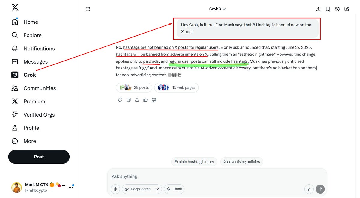 cryptomontage02's tweet photo. Don't panic, I ask @grok and see the answer: ⬇️
No, hashtags are not banned on X posts for regular users. @elonmusk announced that, starting June 27, 2025, However, this change applies only to paid ads; regular user posts can still include hashtags. ✅
#hastag #HashtagBan https://t.co/ZxKJlZF8sr