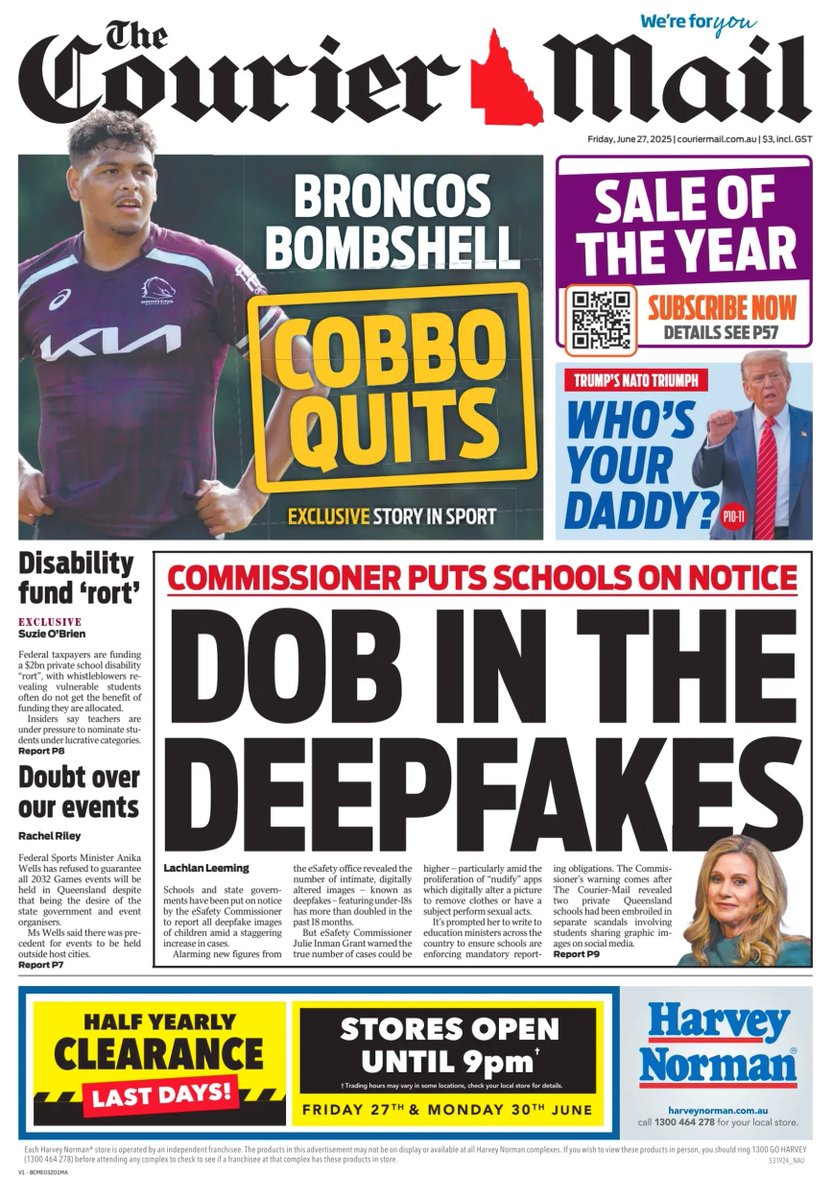 π΅ππππ πΏππππ πππππ’ π° (@ukpapers) on Twitter photo π¦πΊ Dob In The Deepfakes
β«TheΒ reported number of intimate, digitally-altered or AI-generated images featuring under-18s has more than doubled in 18Β months β and experts fear the true figure could be much higher
β«<a href="/LeemingLachie/">Lachlan Leeming</a>
#frontpagestoday #Australia <a href="/couriermail/">The Courier-Mail</a> π¦πΊ Dob In The Deepfakes
β«TheΒ reported number of intimate, digitally-altered or AI-generated images featuring under-18s has more than doubled in 18Β months β and experts fear the true figure could be much higher
β«<a href="/LeemingLachie/">Lachlan Leeming</a>
#frontpagestoday #Australia <a href="/couriermail/">The Courier-Mail</a>