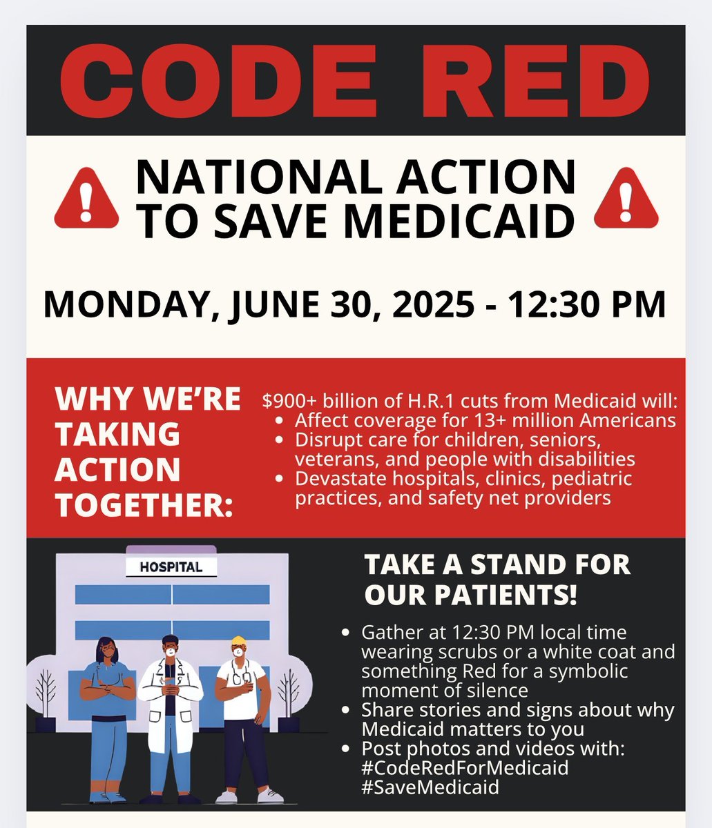 Code Red: National Action to Save Medicaid
Join the FCMA Monday, June 30 at 12:30 PM. Wear your white coat + something red. Step outside. Post a message. Cuts to Medicaid threaten care for 10M Americans. Physicians must speak up. #SaveMedicaid  #CodeRed bit.ly/CodeRedMedicai…