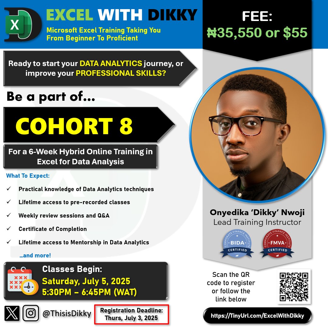 ThisIsDikky's tweet image. Who&apos;s ready to join COHORT 8 Training in EXCEL WITH DIKKY for Data Analysis? 👀

Register now before July 3!

Or it might just close before then. 🤷🏿‍♂️

TinyUrl.com/ExcelWithDikky

#Data #DataAnalytics #ExcelTutor #DataAnalysis #Excel #ExcelSkills #ExcelTraining #BusinessIntelligence