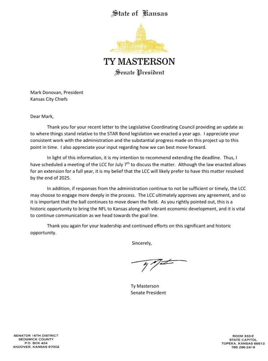 MattEvansKMBC's tweet image. #BREAKING: Kansas is set to extend the STAR Bonds proposal to the @Chiefs and @Royals until the end of 2025.
Lawmakers will meet July 7 to discuss.
@Chiefs President Mark Donovan requested the extension.
Here is the correspondence between him and KS Sen. Pres. @sentymasterson