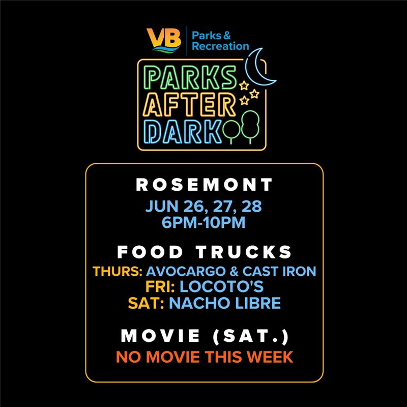 Join us tonight, tomorrow and/or Saturday for Parks After Dark for FREE summer fun! 
🍔 Food Trucks
🏀 Games &amp; Activities
🎶 Live Entertainment
🎥 Outdoor Movies
…and so much MORE!
📍3 locations, 1 unforgettable summer series.