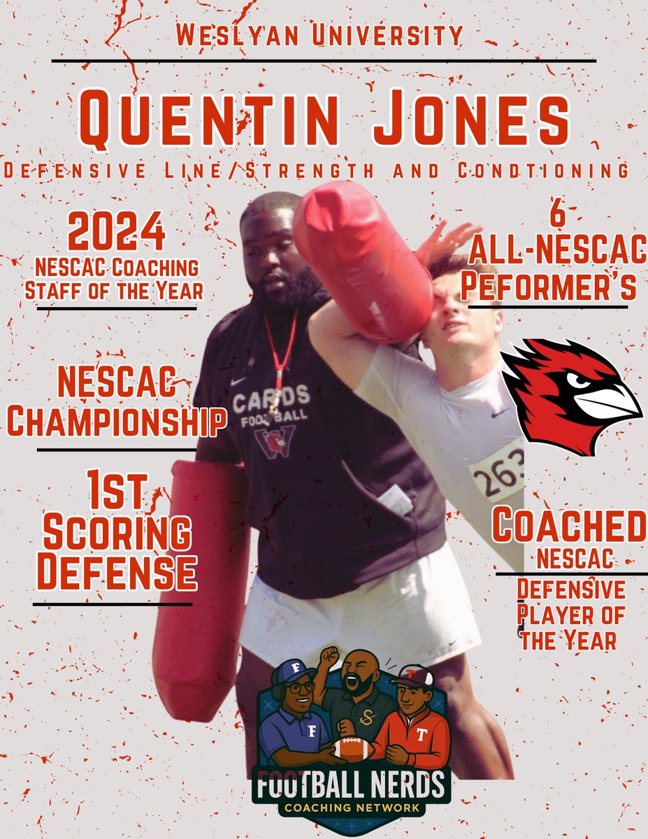 FB Nerds Coaching Network (@fbnerdsnetwork) on Twitter photo ๐ง  FB Nerds Founder: Quentin Jones ๐ง  @quejones614
This man builds WALLS on the D-Line ๐งฑ
2024 was a HISTORIC season at Wesleyan:
๐ NESCAC Coaching Staff of the Year
๐ #1 Defense in the League
๐ฏ 8-1 Record & First Ever Outright Title
๐ซ 1st Downs? Nah.
๐ช Youngest DL in the ๐ง  FB Nerds Founder: Quentin Jones ๐ง  @quejones614
This man builds WALLS on the D-Line ๐งฑ
2024 was a HISTORIC season at Wesleyan:
๐ NESCAC Coaching Staff of the Year
๐ #1 Defense in the League
๐ฏ 8-1 Record & First Ever Outright Title
๐ซ 1st Downs? Nah.
๐ช Youngest DL in the