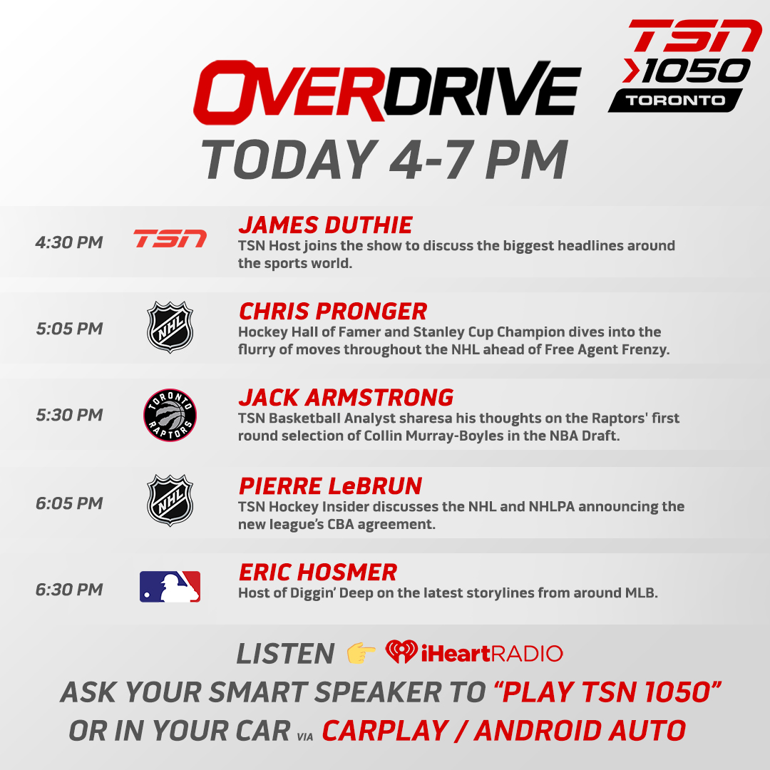OverDrive (@overdrive1050) on Twitter photo We're off and running to kick off the Thursday edition!
<a href="/HayesTSN/">Bryan Hayes</a>, <a href="/odognine2/">Jeff O’Neill</a> and <a href="/jamiemclennan29/">Jamie McLennan</a> are set to discuss the biggest headlines around the NHL and the #NBADraft storylines.
📺: TSN4 (4-6) and TSN2 (6-7)
📻: TSN1050.ca and the iHeartRadio App! We're off and running to kick off the Thursday edition!
<a href="/HayesTSN/">Bryan Hayes</a>, <a href="/odognine2/">Jeff O’Neill</a> and <a href="/jamiemclennan29/">Jamie McLennan</a> are set to discuss the biggest headlines around the NHL and the #NBADraft storylines.
📺: TSN4 (4-6) and TSN2 (6-7)
📻: TSN1050.ca and the iHeartRadio App!