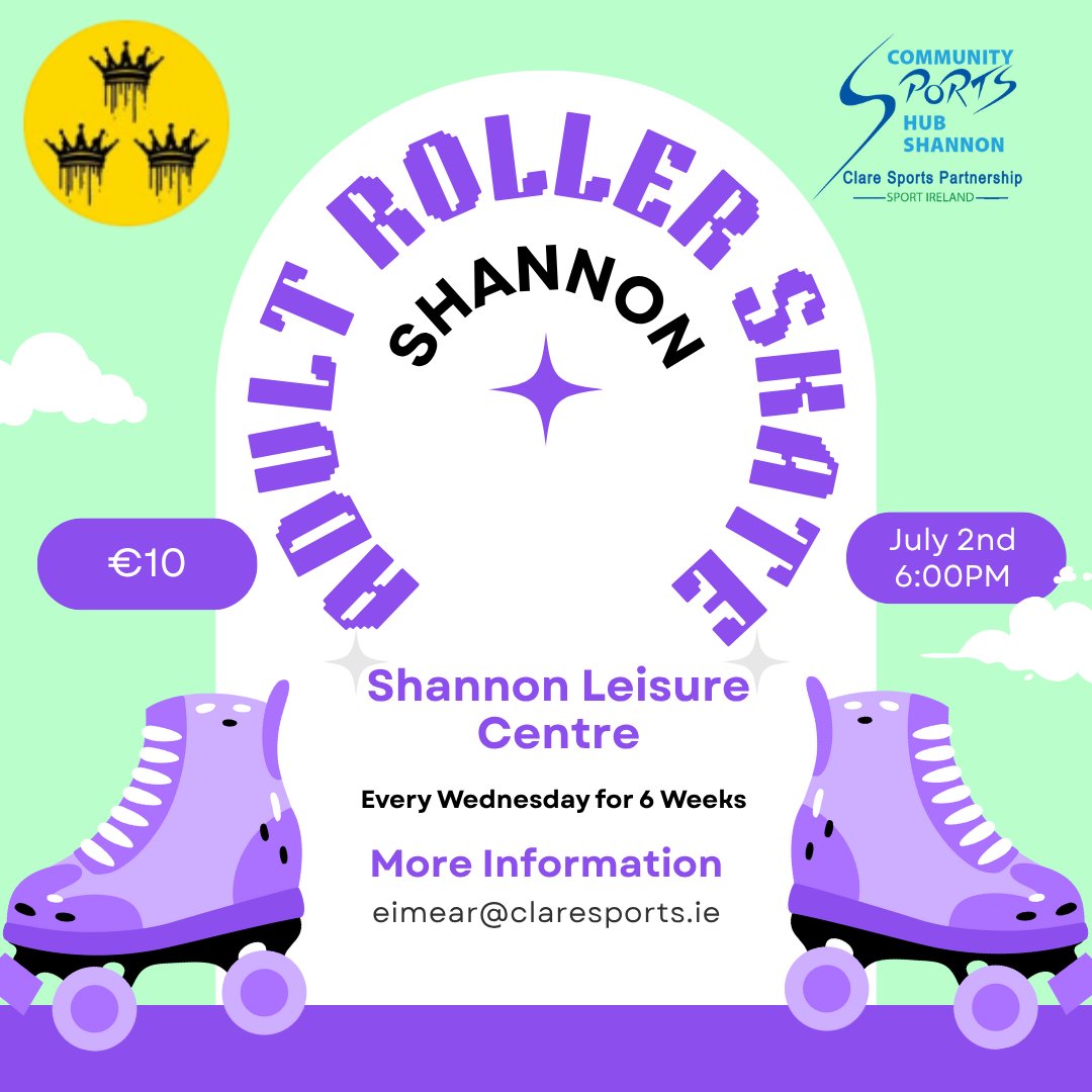 Clare LSP (@claresports) on Twitter photo 🌟 Ready to Roll into Something New? 🌟
Join our 6-week Adult Roller-Skating Programme, where you'll gain confidence on wheels during fun, energetic sessions 😁
📍 <a href="/ShannonLeisure/">Shannon Leisure Ctr</a>
📅 July 2nd
⏰ 6pm
💶 €10 per session
Book today 👉 claresports.ie/event/adult-ro…
#ActiveClare 🌟 Ready to Roll into Something New? 🌟
Join our 6-week Adult Roller-Skating Programme, where you'll gain confidence on wheels during fun, energetic sessions 😁
📍 <a href="/ShannonLeisure/">Shannon Leisure Ctr</a>
📅 July 2nd
⏰ 6pm
💶 €10 per session
Book today 👉 claresports.ie/event/adult-ro…
#ActiveClare