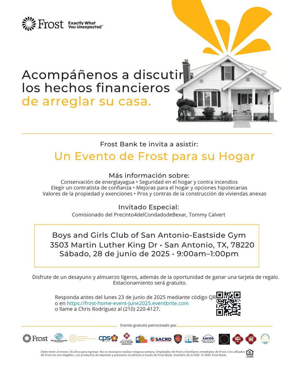 San Antonio for Growth on the Eastside (@sagesanantonio) on Twitter photo 🏡 Learn the financial facts of fixing up your home at <a href="/FrostBank/">Frost Bank</a>’s free event!
📅 Sat, June 28 | ⏰ 9AM–1PM
📍 Boys & Girls Club – Eastside Gym
🎁 Free food + giveaways!
🔗 RSVP by 6/23: …st-home-event-June2025.eventbrite.com
#EastsideSA #HomeRepair 🏡 Learn the financial facts of fixing up your home at <a href="/FrostBank/">Frost Bank</a>’s free event!
📅 Sat, June 28 | ⏰ 9AM–1PM
📍 Boys & Girls Club – Eastside Gym
🎁 Free food + giveaways!
🔗 RSVP by 6/23: …st-home-event-June2025.eventbrite.com
#EastsideSA #HomeRepair