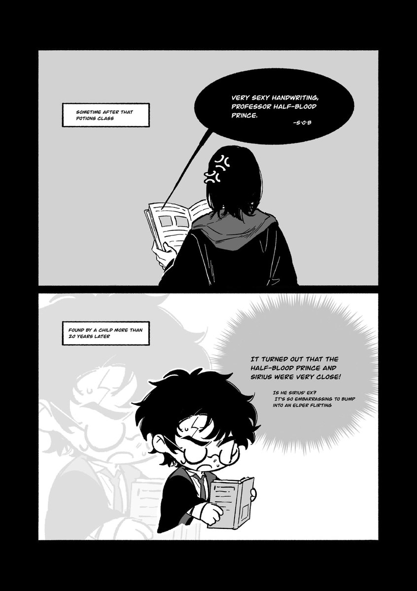 Some short Snirius comics about the Half-Blood Prince's potion textbook