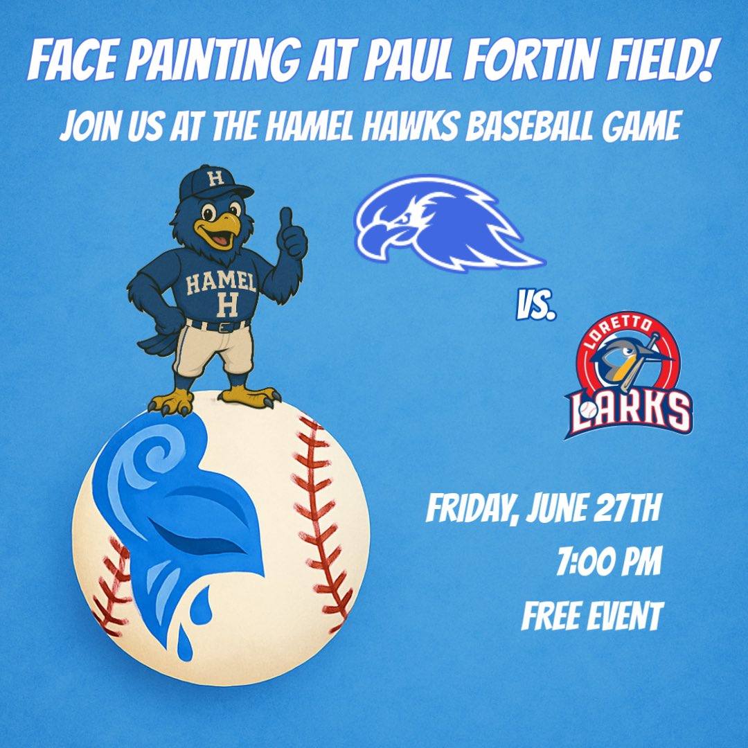 🎨⚾️ Face painting at Paul Fortin Field tomorrow night!

Hawks vs <a href="/LorettoLarks/">LorettoLarks</a> 

Face painting starts at 6:30. First pitch at 7:00. 

Bring the family and have some fun! Concessions will be available.