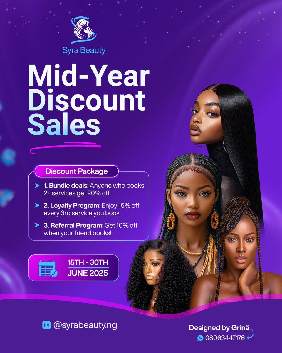 EjehGeraldine's tweet photo. Tried something new with colour!  
Since colour triggers emotion and boosts conversion, I designed this promo flyer for Syra Beauty—a brand offering premium hairstyling, from braids to wigs.  

#flyerdesign #brandidentity #creativedesign #logodesign #Flyers https://t.co/xxrPSEFDe9