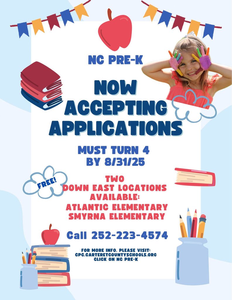 📣 Now accepting FREE NC Pre-K applications! 🍎
Child must turn 4 by 8/31/25 🎉

📍 Locations:
Atlantic Elementary
Smyrna Elementary

📞 Call 252-223-4574
🌐 Apply: cpc.carteretcountyschools.org (click NC Pre-K)
