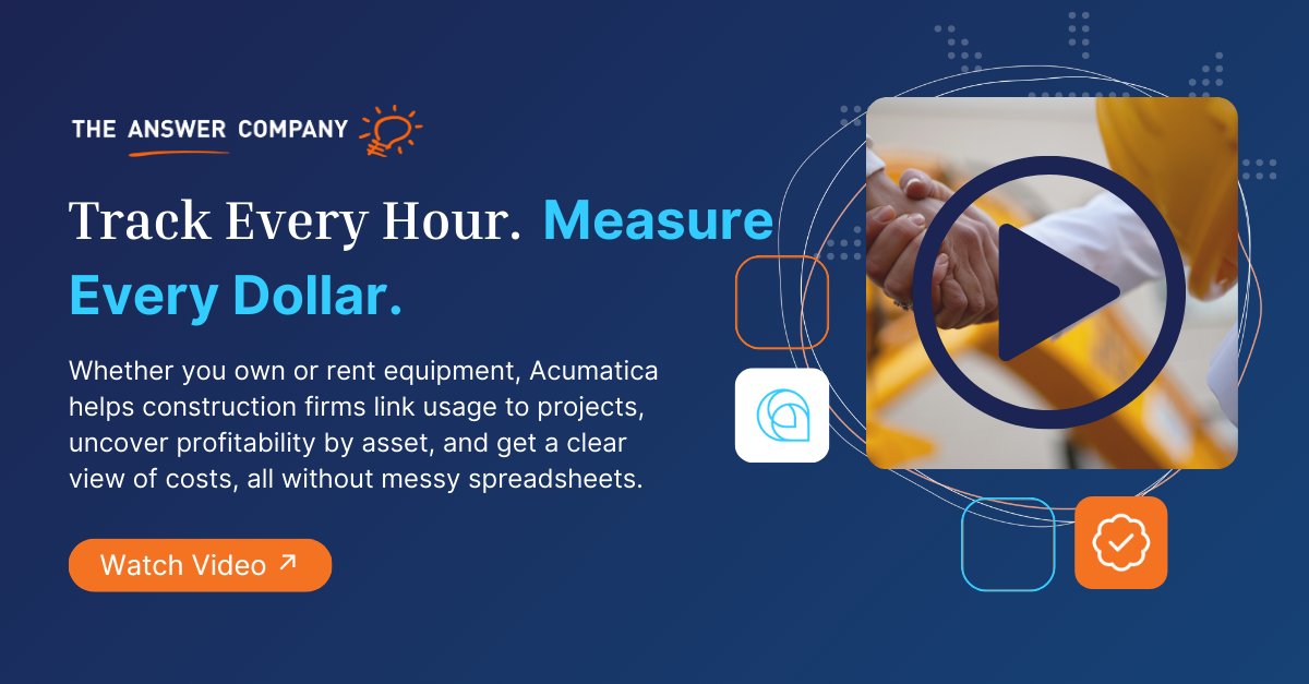 TheAnswerCo's tweet image. See how construction companies using Acumatica can track equipment usage, margins, and profitability by asset, not just by job. 

Watch the demo and imagine what smarter operations could look like: hubs.ly/Q03kNnh00

#ConstructionTechnology #AcumaticaERP #ProjectAccounting