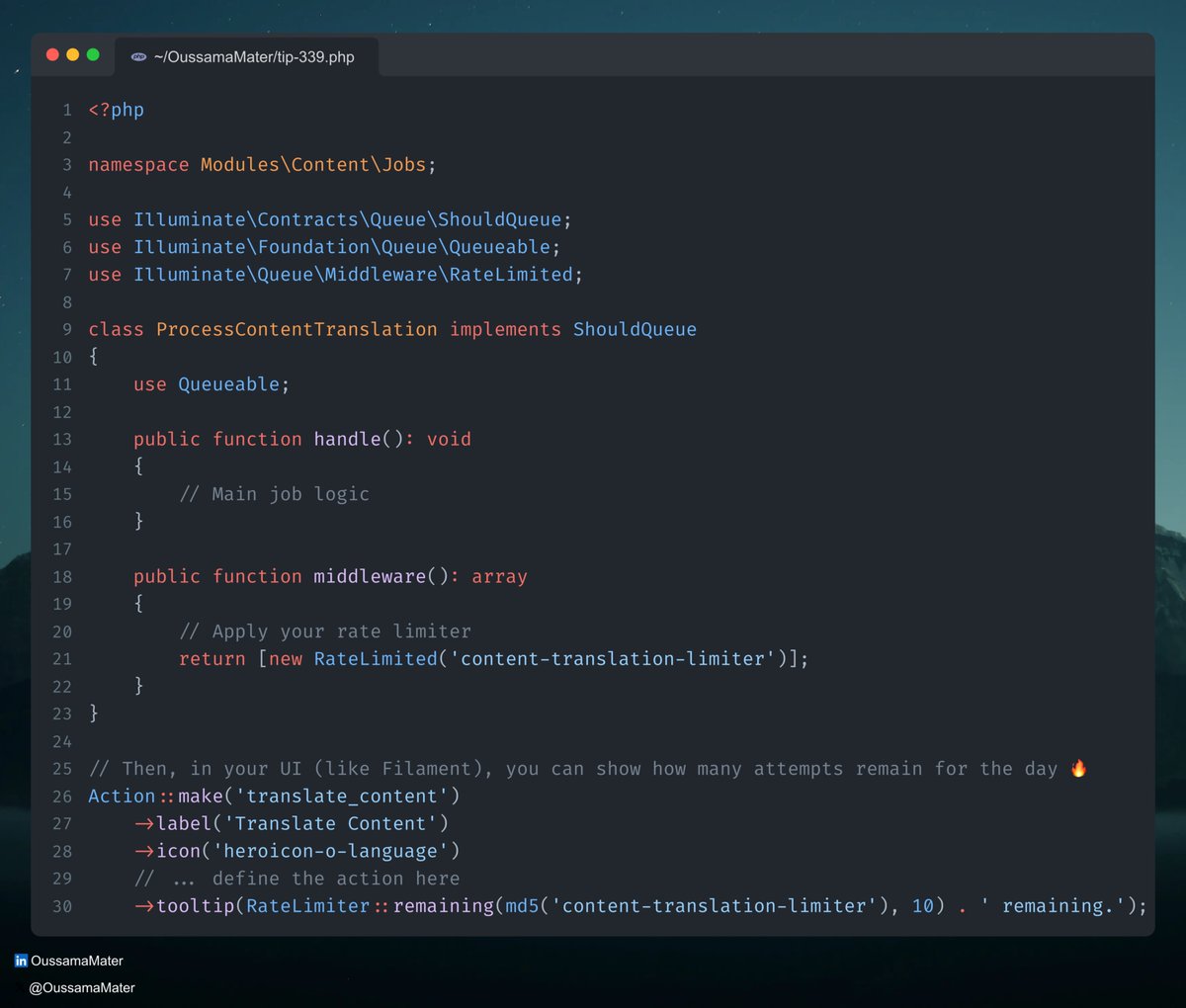 Laravel Tip 💡: Display Remaining Attempts for a Rate-Limited Job

If you have a rate-limited job that can be dispatched via a UI, you can greatly improve the UX by displaying how many attempts are remaining for the day 🚀

#laravel