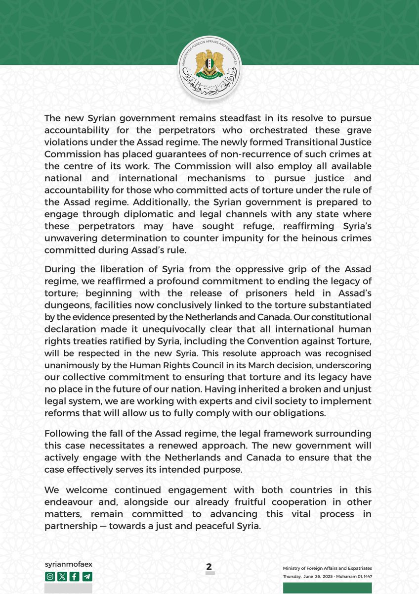On the Day Marking the Convention Against Torture, Syria Welcomes Efforts by the Netherlands and Canada to Hold the Assad Regime Accountable for Mass Torture