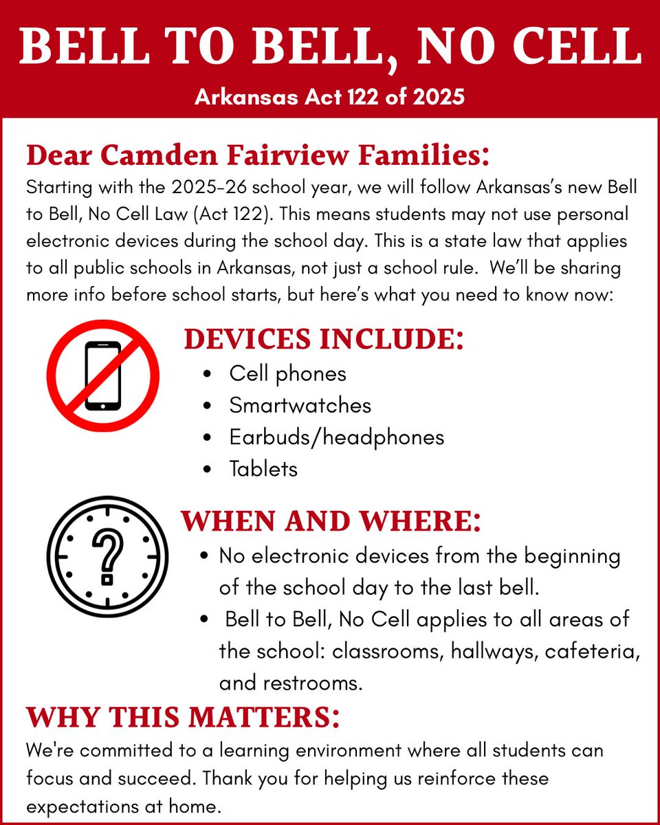 Camden Fairview School District (@cfsdcardinals) on Twitter photo CFSD Updates: Arkansas Act 122 of 2025 - Bell to Bell, No Cell psqr.io/KBsm53392d via <a href="/ParentSquare/">ParentSquare</a> CFSD Updates: Arkansas Act 122 of 2025 - Bell to Bell, No Cell psqr.io/KBsm53392d via <a href="/ParentSquare/">ParentSquare</a>