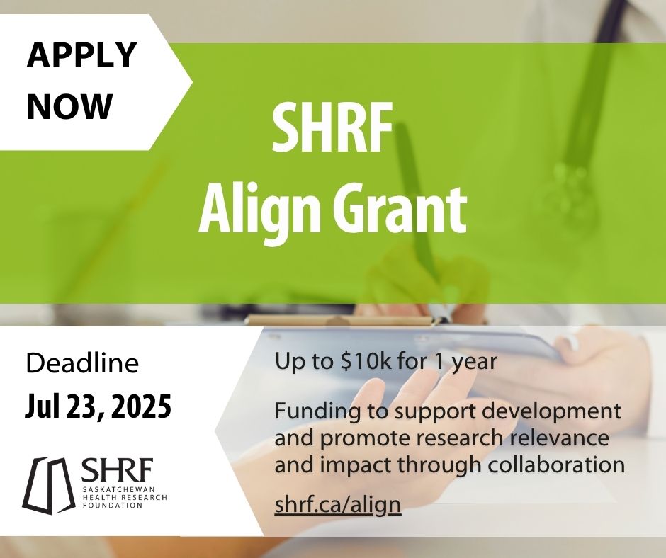 ⌛ Application Reminder: The deadline for SHRF Align Grant Call 2 is July 23, 2025. 

Open to applications from researchers looking to develop their research and impact in alignment with SK health needs.

Learn more at: shrf.ca/align 

#SHRFconnections