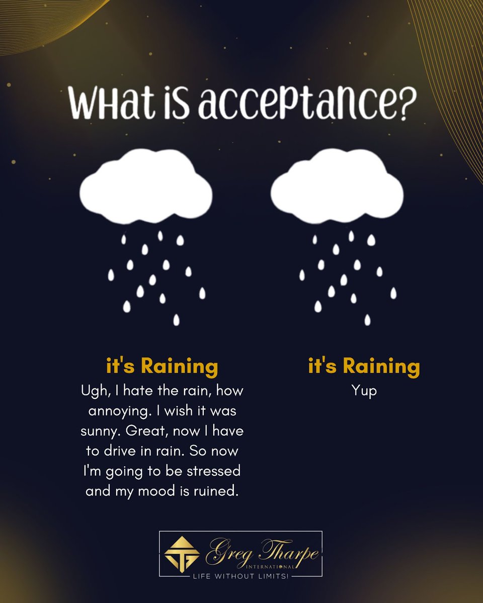 It's raining. You can fight it. Complain. Resist.

Or…

You can accept it.

Acceptance isn’t about liking the rain. It’s about releasing the resistance that steals your peace.
.
👉 gregtharpe.com
.
#acceptancematters