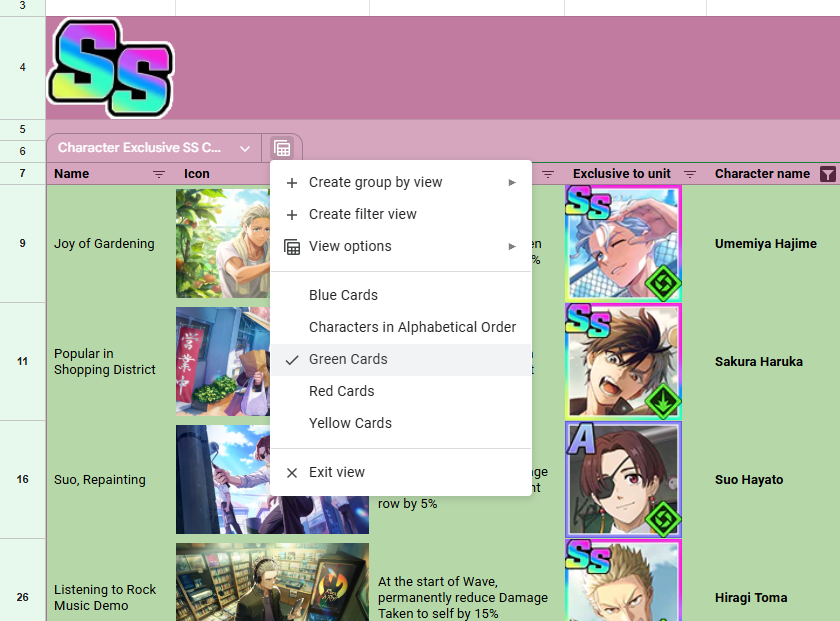 kkres02's tweet photo. Hello it's me again! With an update for the sheet! Just a few hours ago I added the option to filter the scene cards by colors/elements and characters, this should make it easier to browse them~ https://t.co/a8RRdABeF6