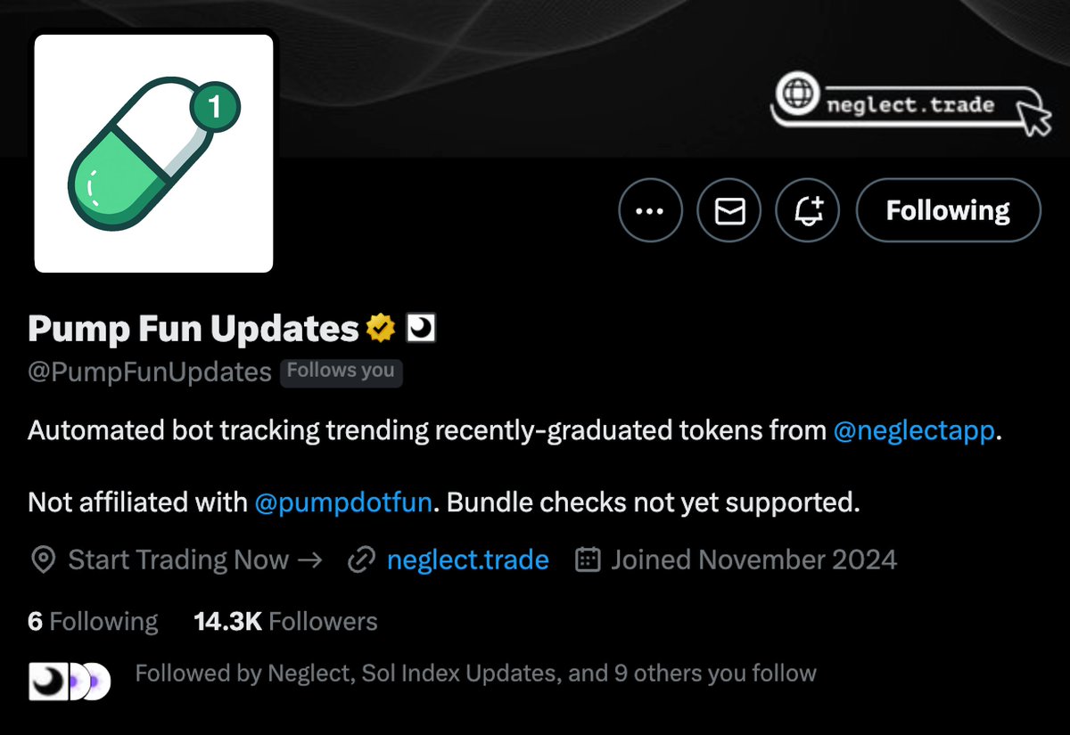 Neglect (@neglectapp) on Twitter photo 🚨 Make sure you’re following our <a href="/PumpFunUpdates/">Pump Fun Updates</a> account - it’s the fastest way to catch trading alerts the moment new tokens start moving. Don’t miss the next one. 🚨 Make sure you’re following our <a href="/PumpFunUpdates/">Pump Fun Updates</a> account - it’s the fastest way to catch trading alerts the moment new tokens start moving. Don’t miss the next one.