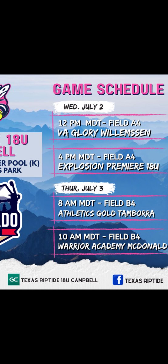 HunterQuentel (@hunterquentel) on Twitter photo Here is our schedule for Colorado Sparkler! <a href="/SamCamp50/">Sam Campbell</a> <a href="/TxRiptide07/">TEXAS RIPTIDE</a> <a href="/triplecrownspts/">Triple Crown Sports</a> <a href="/PGFnetwork/">PGF</a> <a href="/TOP_D1RECRUITS/">Softball Top Preps Retweet</a> Here is our schedule for Colorado Sparkler! <a href="/SamCamp50/">Sam Campbell</a> <a href="/TxRiptide07/">TEXAS RIPTIDE</a> <a href="/triplecrownspts/">Triple Crown Sports</a> <a href="/PGFnetwork/">PGF</a> <a href="/TOP_D1RECRUITS/">Softball Top Preps Retweet</a>