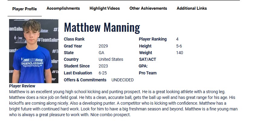 Thank you <a href="/Chris_Sailer/">Chris Sailer Kicking</a> for my 4⭐️ranking!

<a href="/coachdbrunner/">Daniel Brunner</a> <a href="/KohlsKicking/">Kohl's Kicking Camps</a> <a href="/CoachGiugliano/">Anthony Giugliano</a> <a href="/Chris_Sailer/">Chris Sailer Kicking</a> <a href="/GP_Recruiting/">GamePlan Recruiting</a> <a href="/obi1_39/">Obi1.39</a> <a href="/FentressKicking/">Fentress Kicking</a> <a href="/ThePuntFactory/">Aaron Perez</a> <a href="/NCSA_Football/">NCSA_Football</a> <a href="/MaxPreps/">MaxPreps</a> <a href="/GinfanteMT/">Gabe Infante</a> <a href="/YounghoeKoo/">Younghoe Koo</a> <a href="/WaltonRecruits/">Walton(GA)Recruiting</a> <a href="/RecruitGeorgia/">Recruit Georgia</a> <a href="/ChadSimmons_/">ChadSimmons</a> <a href="/ErikRichardsUSA/">Erik Richards</a>