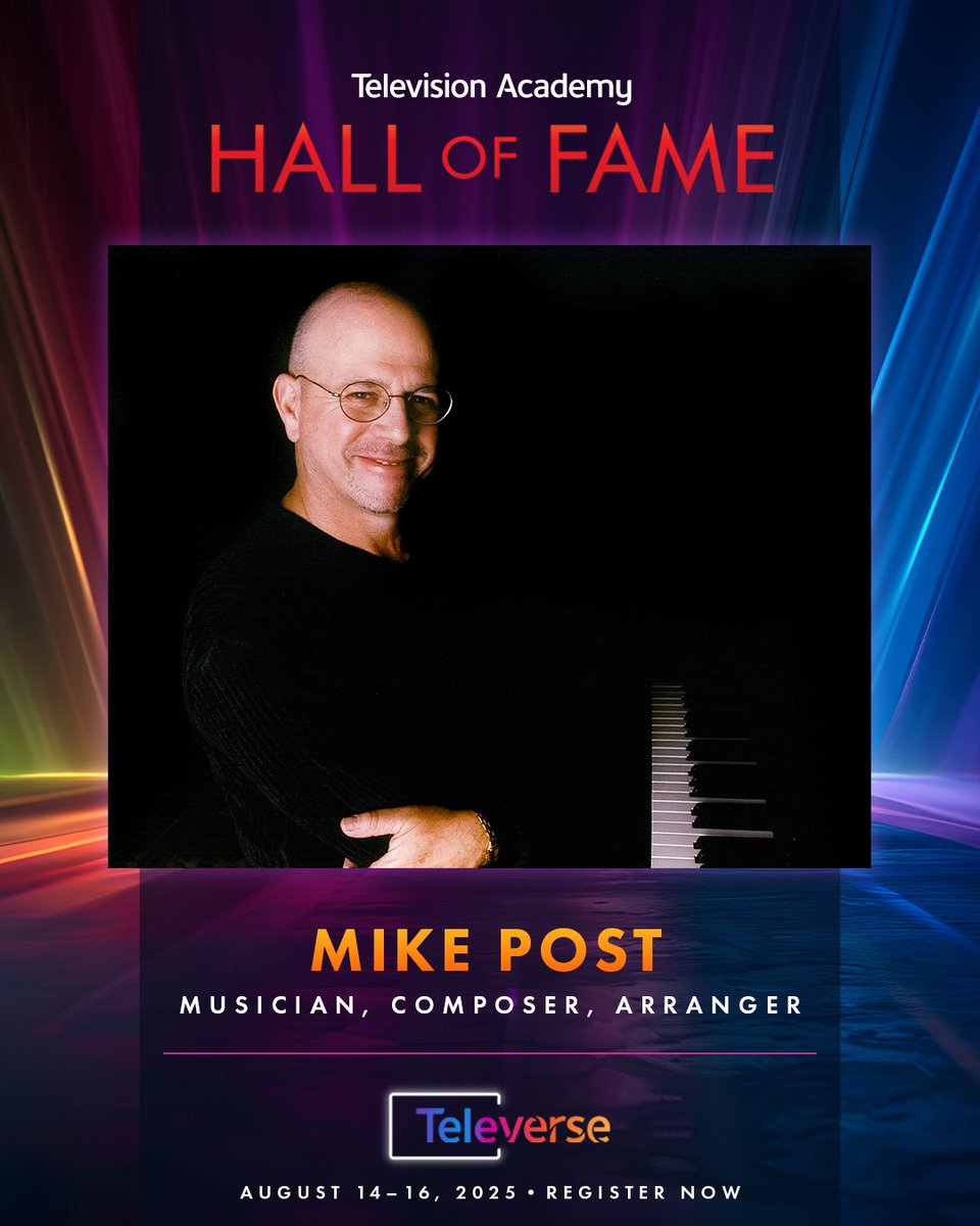 TelevisionAcad's tweet image. We are proud to induct #Emmy-winning musician, composer, arranger, and producer Mike Post into the Television Academy Hall of Fame this August at #Televerse. Post has written music for 7,200 hours of TV, including: Law & Order; NYPD Blue; Magnum PI; The A-Team; Quantum Leap;…