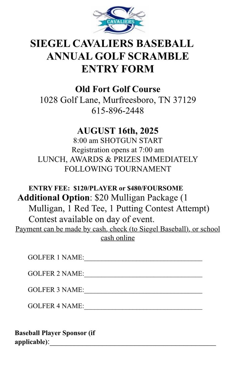GannonCoach's tweet photo. The Siegel Middle Baseball Team's Annual Golf Scramble is August 16th @ Old Fort Golf Course @ 8am! Info &amp; Forms link to register team attached below! Going to be a great day! Hope you can help support our program &amp; these young men! Thanks!
https://t.co/KrmXL2Jjab
@SiegelMiddle https://t.co/i1E3PwTPjJ