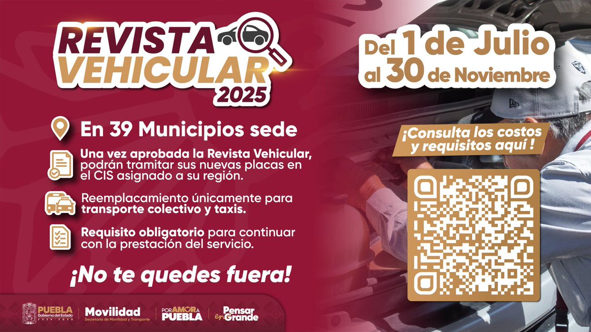 La Secretaría de Movilidad y Transporte confirmó que a partir del 1 de julio al 30 de noviembre, en 39 municipios se realizará la Revista Vehicular para todas las unidades de transporte público. 

Este proceso será obligatorio para seguir brindando servicio y una vez aprobada