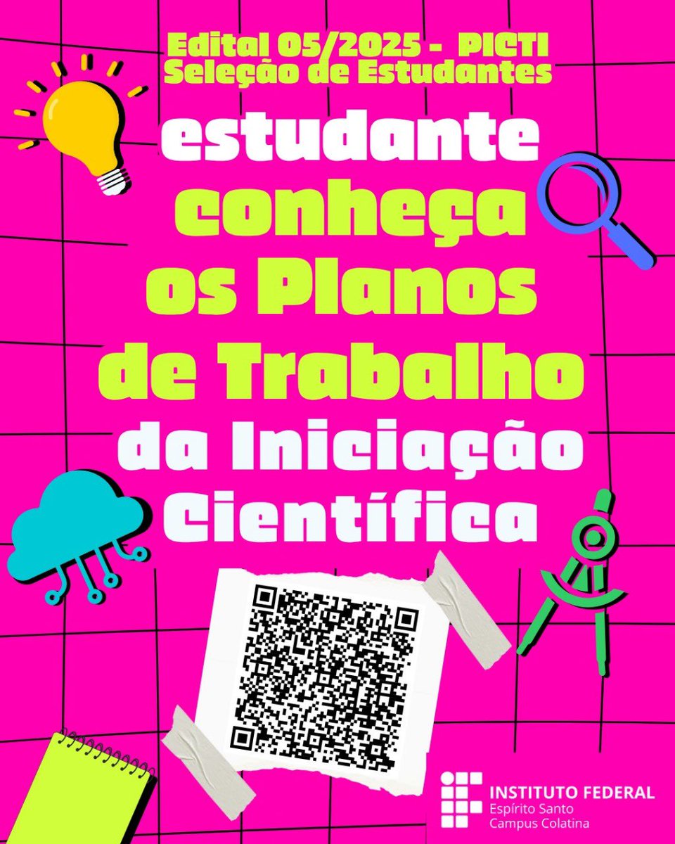 Se você é aluno do técnico ou da graduação do Ifes Colatina, essa é a sua chance de participar de projetos de pesquisa e enriquecer sua formação acadêmica! Inscrições: 16/06 a 27/07. Saiba como se se inscrever e conheça os planos de trabalho disponíveis: colatina.ifes.edu.br/noticias/17859…