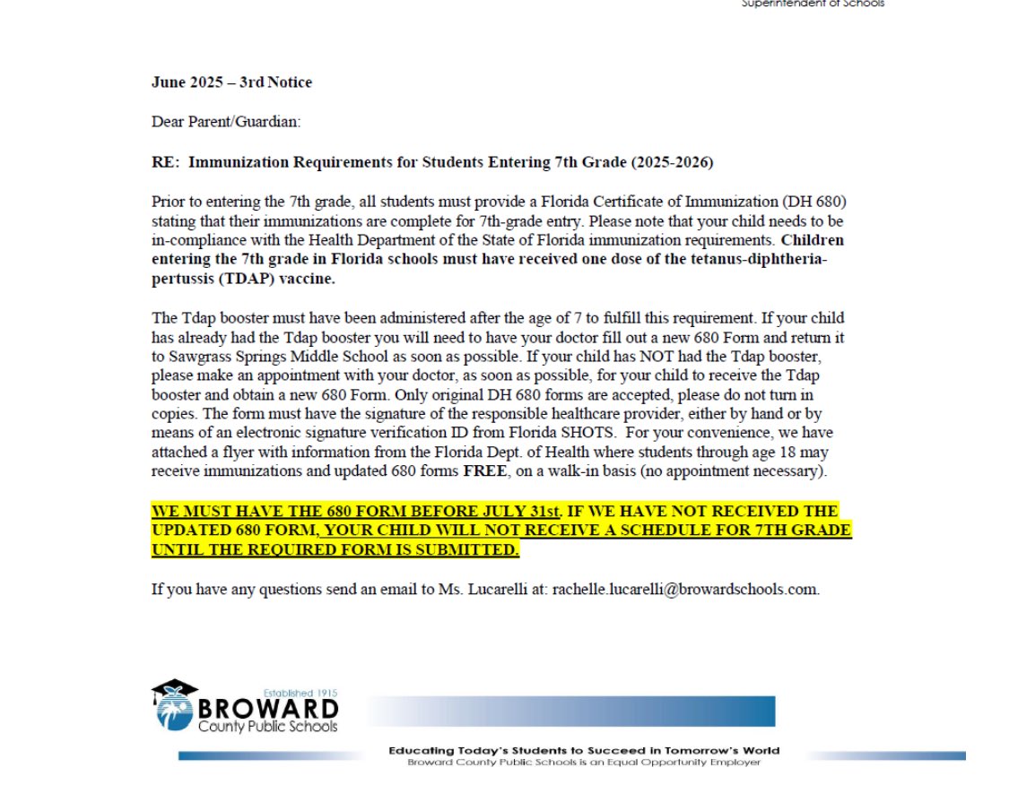The Vaccine policies are out in broward county. If your child is not immunized they will not be allowed in school. Somebody needs to investigate!!!