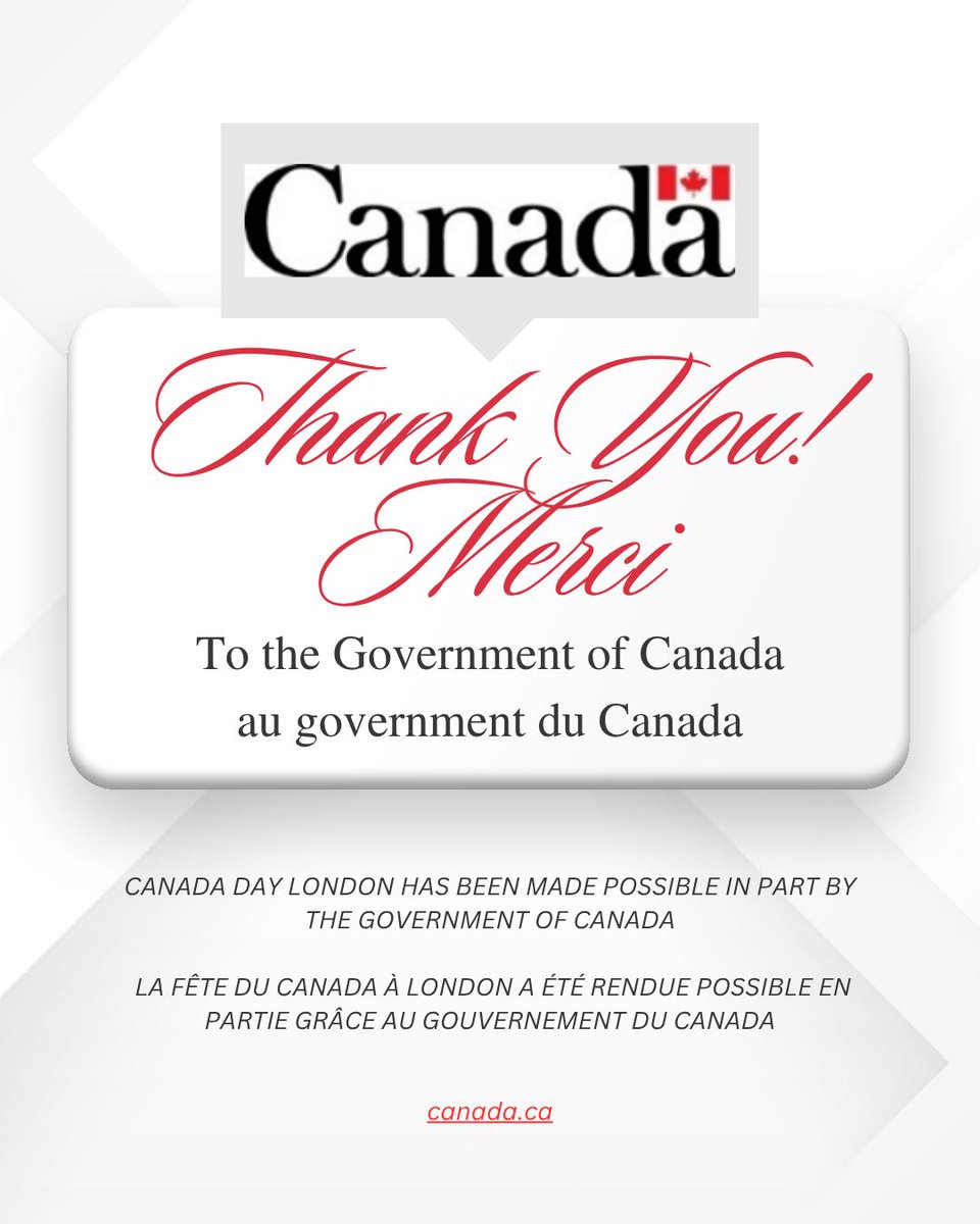 Thank you to the Government of Canada for supporting Canada Day London and helping us celebrate our communities, cultures, and country together!
Merci au gouvernement du Canada de soutenir Canada Day London et de nous aider à célébrer nos communautés, nos cultures et notre pays