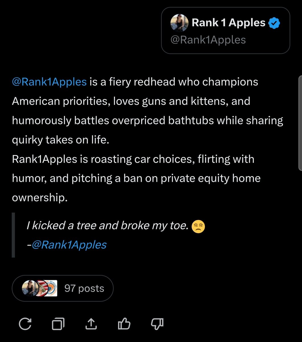 Rank1Apples's tweet image. Alright, Grok, I ratio a US Senator and go viral on a James Bond post, and this is all I get?! Sheesh. 🤣😂 I do love guns, kittens, and America, though, so I guess that is right. 🤣😂🤣