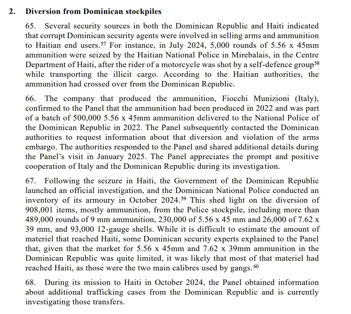 Nearly 1 million rounds of ammunition delivered to the Dominican police in 2022 was diverted from its armory. 

"It was likely that most of that material had reached Haiti." 

From the latest UN expert panel report: