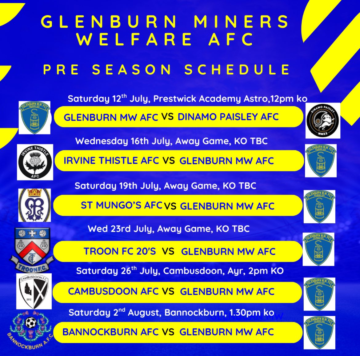 Glenburn MW AFC (@glenburnmwafc) on Twitter photo Pre season schedule
Looking forward to the games starting
#montheminers
<a href="/Jeggers1777/">St Mungo Afc</a> <a href="/AfcBannockburn/">Bannockburn AFC 🇱🇻</a> <a href="/dinamopaisleyfc/">Dinamopaisleyfc</a> <a href="/CambusdoonFc/">Cambusdoon Football Club</a> <a href="/TroonFCOfficial/">Troon Football Club</a>
<a href="/scottish_aff/">AmateurFixturesResultsSCO</a> Pre season schedule
Looking forward to the games starting
#montheminers
<a href="/Jeggers1777/">St Mungo Afc</a> <a href="/AfcBannockburn/">Bannockburn AFC 🇱🇻</a> <a href="/dinamopaisleyfc/">Dinamopaisleyfc</a> <a href="/CambusdoonFc/">Cambusdoon Football Club</a> <a href="/TroonFCOfficial/">Troon Football Club</a>
<a href="/scottish_aff/">AmateurFixturesResultsSCO</a>