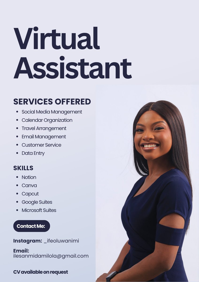 Nife_Ile's tweet photo. Big announcement ✨

Behind every successful business is a reliable virtual assistant 😉
Let me handle the details while you focus on growth.
#VirtualSupport #AdminHelp https://t.co/1DZw6VYupy