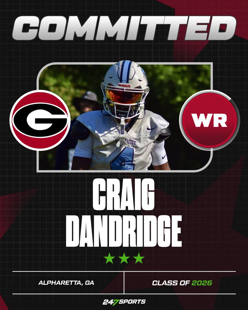 🚨 COMMIT ALERT 🚨 

One of the most productive WRs in the Peach State has committed to Georgia. Cambridge (Ga.) WR Craig Dandridge commits to Georgia over Georgia Tech, Oklahoma, Clemson, Stanford and others. 

🐶 247sports.com/college/georgi…