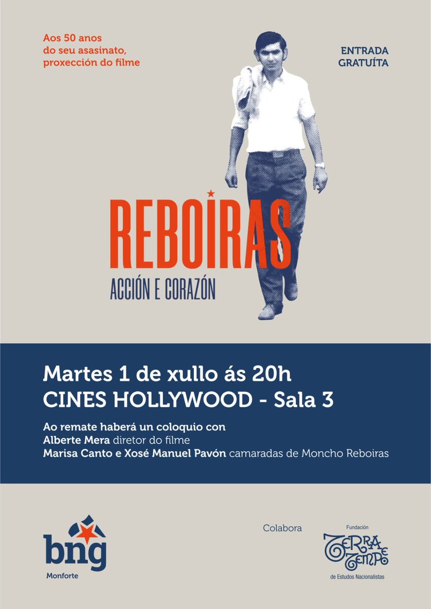 Terra e Tempo (@iterraetempo) on Twitter photo O martes 1 de xullo en Monforte, nos Cines Hollywood, proxectarase o filme documental ‘Reboiras. Acción e Corazón’. No coloquio participarán Xosé Manuel Pavón e Marisa Canto, camaradas de #MonchoReboiras. Tamén intervirá o director do filme, Alberte Mera <a href="/oalberte/">Alberte Mera</a> O martes 1 de xullo en Monforte, nos Cines Hollywood, proxectarase o filme documental ‘Reboiras. Acción e Corazón’. No coloquio participarán Xosé Manuel Pavón e Marisa Canto, camaradas de #MonchoReboiras. Tamén intervirá o director do filme, Alberte Mera <a href="/oalberte/">Alberte Mera</a>