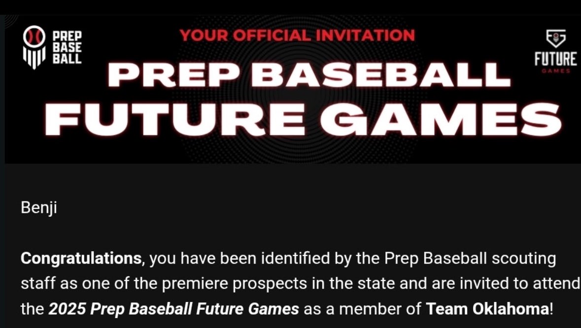 Benji Bauer (@benji_bauer13) on Twitter photo Thank you <a href="/PrepBaseballOK/">Prep Baseball Oklahoma</a> and <a href="/PBR_Schwartz/">Bret Schwartz</a> for inviting me to this years Future Games!
<a href="/G_Glad11/">Gunner Glad</a>
<a href="/Sandlot_Tulsa/">Sandlot Baseball</a> Thank you <a href="/PrepBaseballOK/">Prep Baseball Oklahoma</a> and <a href="/PBR_Schwartz/">Bret Schwartz</a> for inviting me to this years Future Games!
<a href="/G_Glad11/">Gunner Glad</a>
<a href="/Sandlot_Tulsa/">Sandlot Baseball</a>
