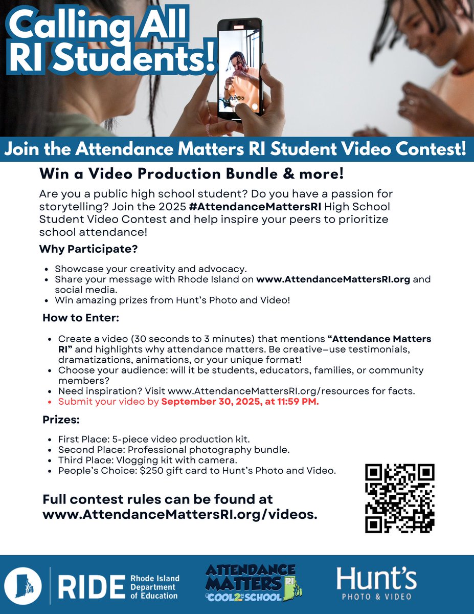RIDeptEd's tweet image. We've launched our #AttendanceMattersRI Student Video Contest!
We're inviting all public high school students to use their creativity/talent this summer & help promote the importance of attendance this upcoming year. Great prizes are available!
Info: bit.ly/44jIAEz