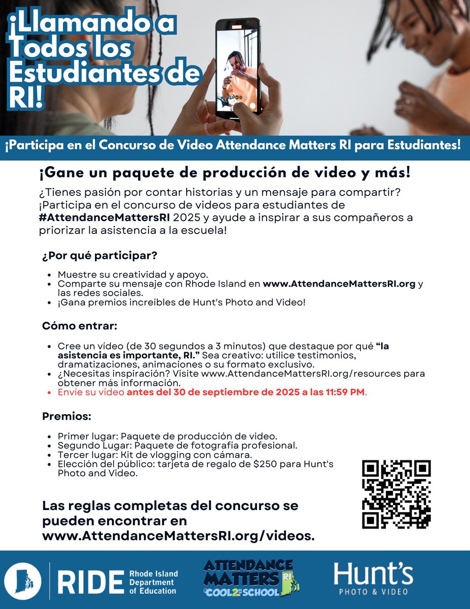 RIDeptEd's tweet image. We've launched our #AttendanceMattersRI Student Video Contest!
We're inviting all public high school students to use their creativity/talent this summer & help promote the importance of attendance this upcoming year. Great prizes are available!
Info: bit.ly/44jIAEz