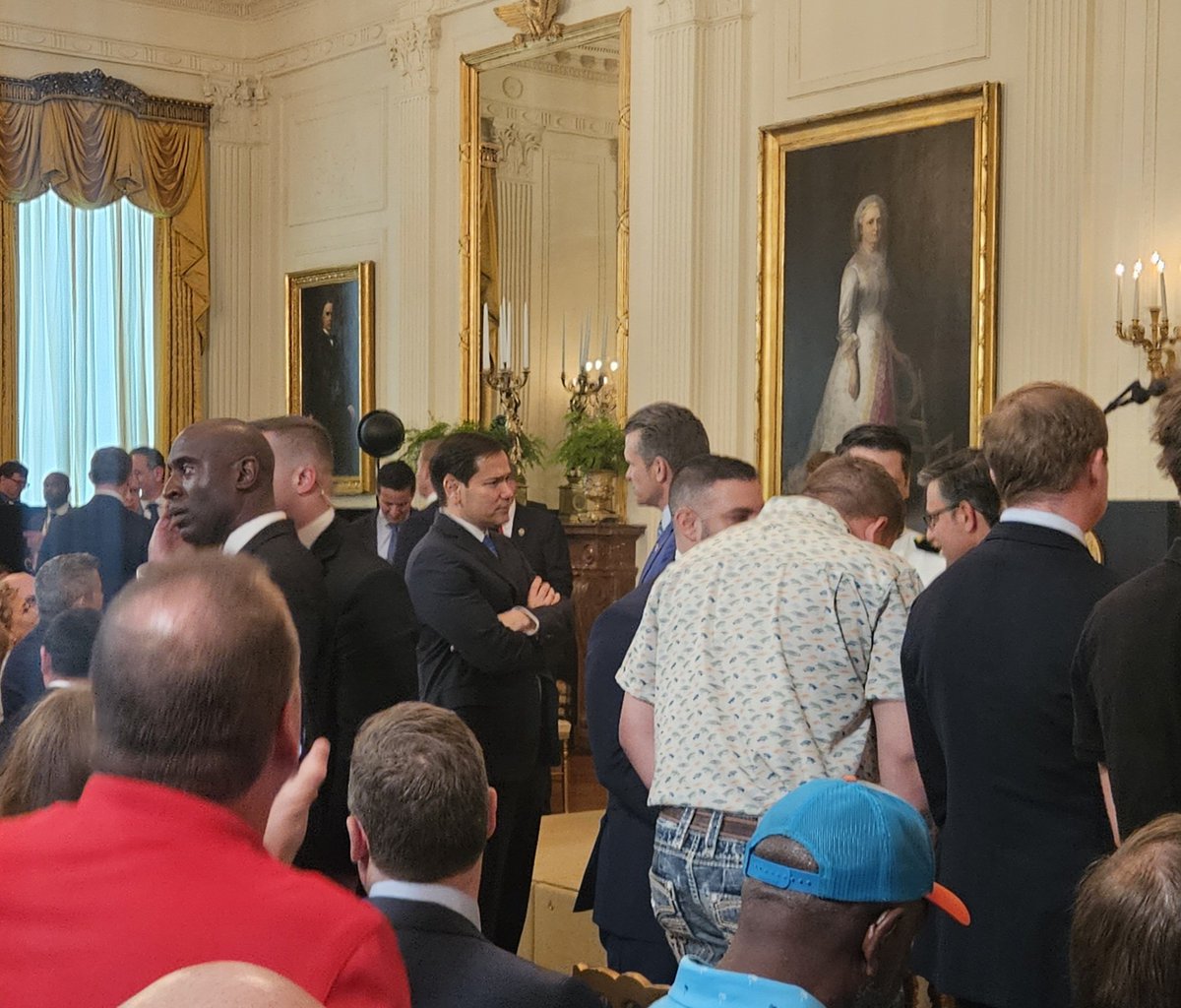 fran_chambers's tweet image. Secretary of State Marco Rubio and Pete Hegseth chatting ahead of President Trump's tax bill event in the East Room.