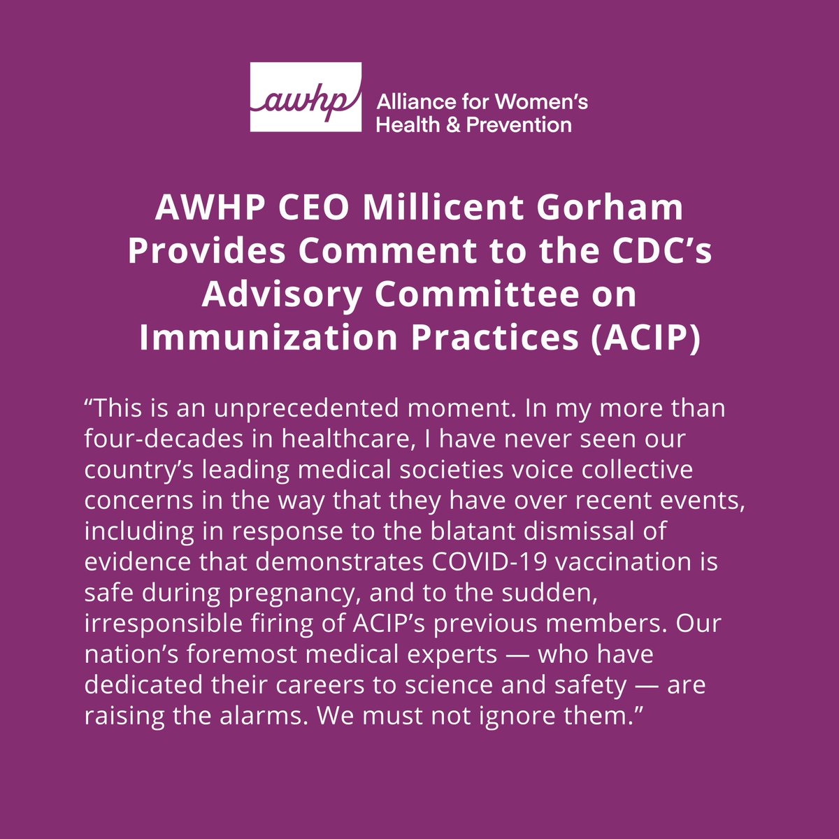I was proud to represent <a href="/AWHPOrg/">Alliance for Women's Health & Prevention (AWHP)</a> — and the vaccine community more broadly — at today’s ACIP meeting, where I spoke to the importance of preserving vaccine access and protecting our nation’s vaccine infrastructure. Read my full comment here: bit.ly/3I279P2. #CDC