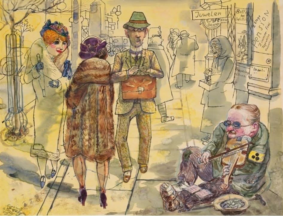 George Grosz, Street scene in Berlin, A new song, 1932, Watercolor, Reed pen and pen and ink on paper
