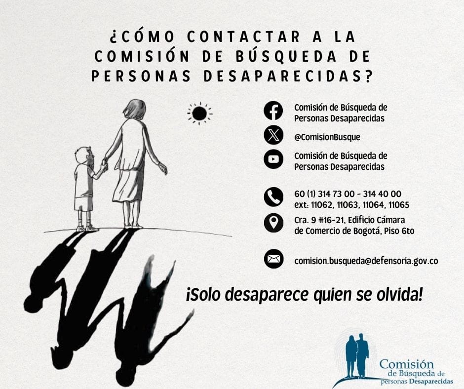 ¿Tu ser querido ha desaparecido y no sabes qué hacer?
La Comisión de Búsqueda de Personas Desaparecidas puede orientarte.

📍 Casos fuera del conflicto armado
📞 Escribe o llama a la CBPD
🕊️ ¡Solo desaparece quien se olvida!

#desaparicionforzada
