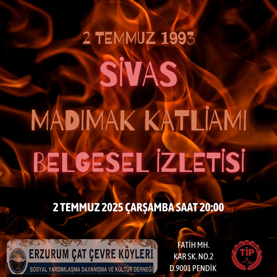 2 Temmuz 1993 Madımak Katliamı anısına Erzurum Çat Çevre Köyleri Derneği ile birlikte düzenlediğimiz belgesel izletisinde sizleri aramızda görmek istiyoruz.